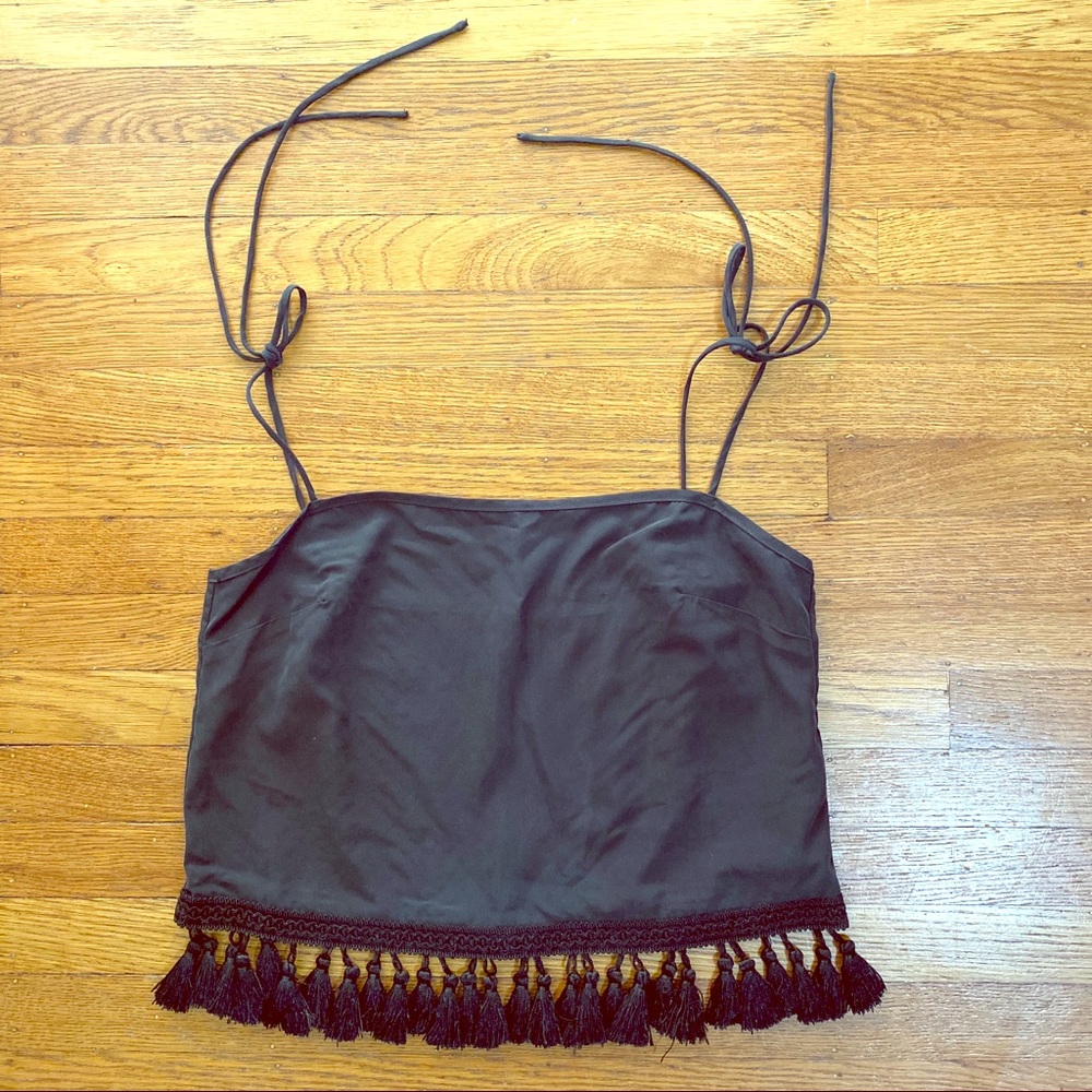 Fresh of LA black tasseled cami with tie straps